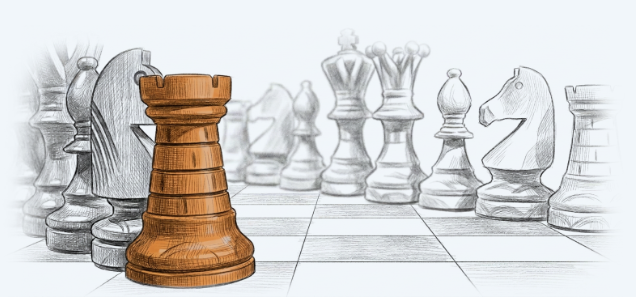 Hand-drawn chess pieces with an orange rook