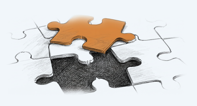 Hand-drawn puzzle with an orange piece